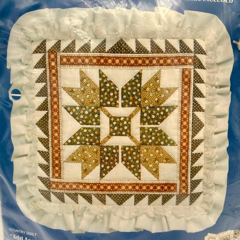 Vogart Crafts Quilt Pillow Kit Unisex 15x15 Brown New Vintage Country Star Lace